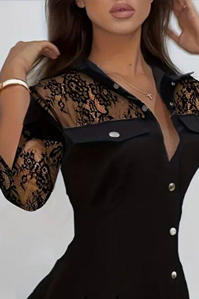 Mossta Önden Düğmeli Cepli Mini Modal Elbise - Siyah