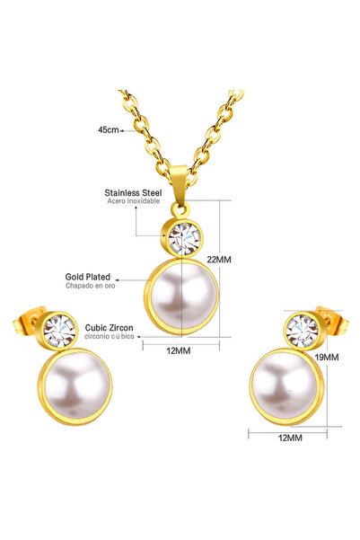 Choice 6 Retro Pearl Stainless Steel Earring Necklace Set Cubic Zirconia Gold Plated Jewelry Sets For Wome.
