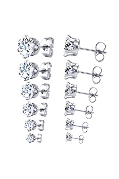 Choice white silver LUXUSTEEL 6Pairs/Set CZ Stud Earrings Stainless Steel Round White Cubic Zirconia Hypoal