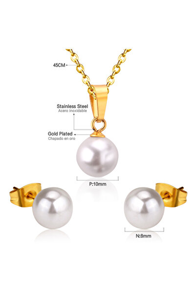 Choice 7 Retro Pearl Stainless Steel Earring Necklace Set Cubic Zirconia Gold Plated Jewelry Sets For Wome.