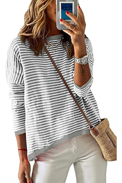 OEM Bluză lejeră de damă, pulover fin, dungi gri M