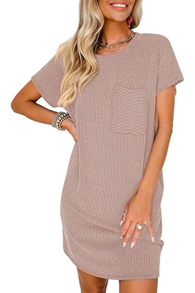OEM Rochie casual pentru femei, peste genunchi, cu mâneci scurte, buzunar la ...