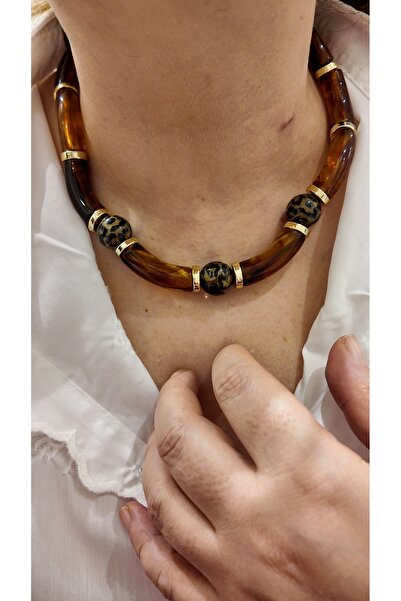 By Selen Suyolcu Bone Leopard Patterned Women's Necklace with Gold Detail