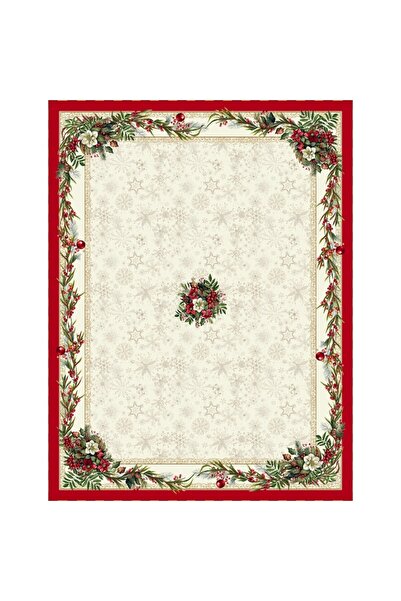 Casa de bumbac Față de masă de Crăciun, material tip goblen, 140x180 cm, coroană, roșu și bej