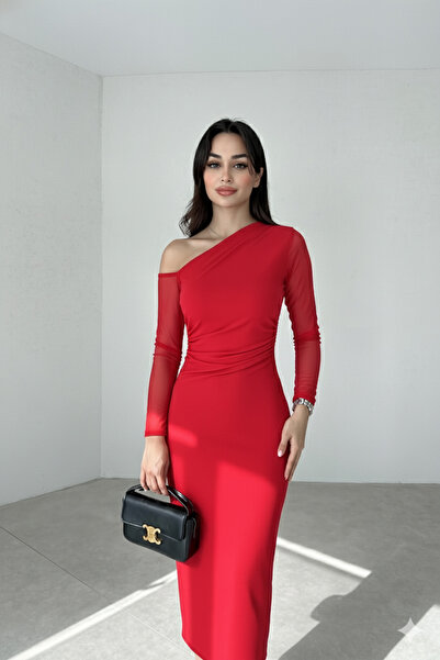 ALFUDO Moda Collection Kadın Siyah Hakim Yaka Gümüş Puantiye Detay Transparan Tül Kollu Astarlı Drapeli Midi Abiye Elbise