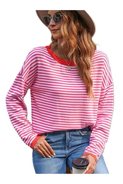 OEM Bluză lejeră pentru femei, pulover fin, dungi roșii, mărimea L