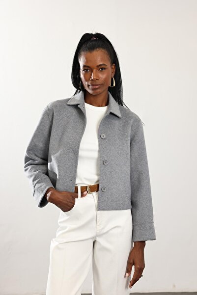 5in1Canpolat Gray Shirt Collar Short Wool Coat