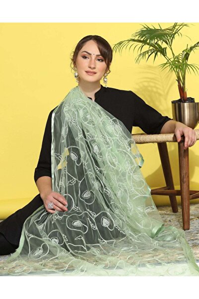iza Light Green Net Embroidery Dupatta
