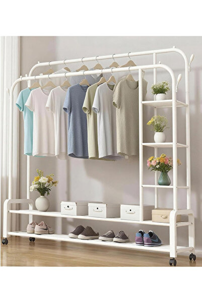Topone1Topone1 White metal coat rack with double-layer storage shelf and three compartments