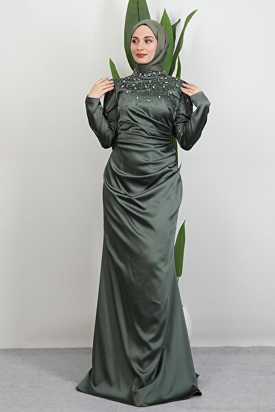 GİYZAMİLA Aura Saten Abiye Haki