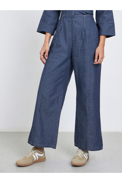 Styli Dark Blue Plain Wide Leg Pants with Belt Loops