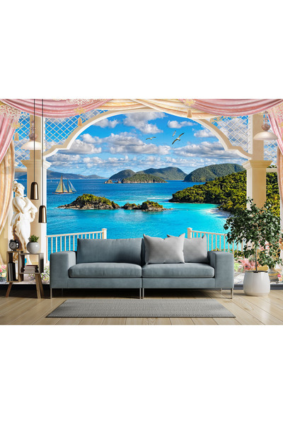 Home Sütunlar arasından deniz manzarası poster duvar kağıdı