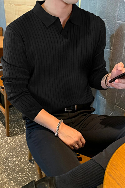 Tarz Cool Black Men's Polo Neck Ribbed Knitwear Sweater