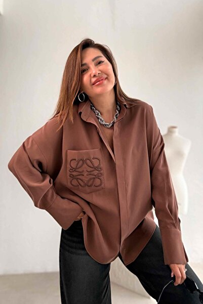 ELVAN TOLON Πουκάμισο με κέντημα σε τσέπη κανέλας