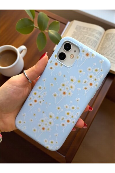 KVK PRİVACY iPhone 12 Uyumlu Papatya Desenli Mavi Lansman Liquid Silikon Kılıf