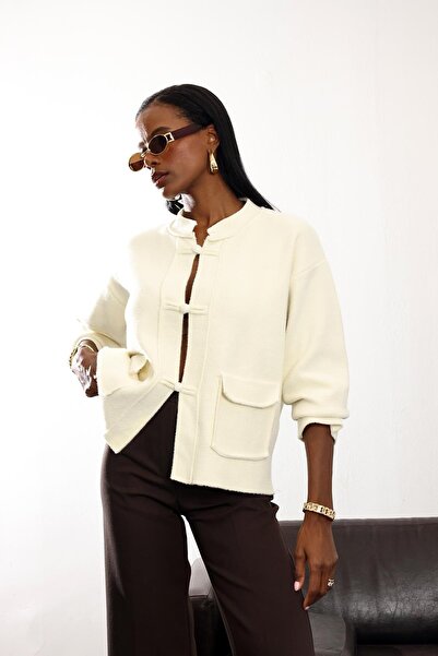 5in1Canpolat Cream Hakim Collar Knitwear Cardigan