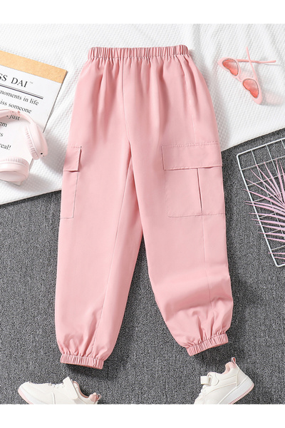 Take Two By Styli Girls Pink Solid Cargo Joggers