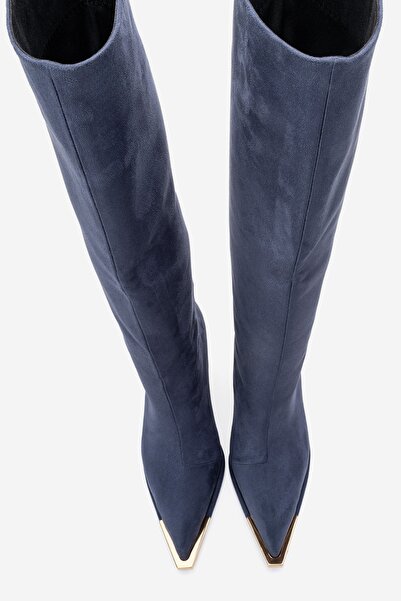 LuviShoes LEXA Синій замшевий жіночий чобіт на підборах із золотими деталями та гострим носком