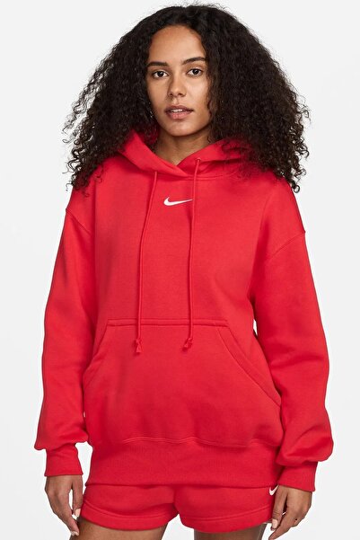 Nike Sportswear Phoenix Fleece Oversized Pullover Hoodie Women Hooded Loose Fit Sweatshirt Red