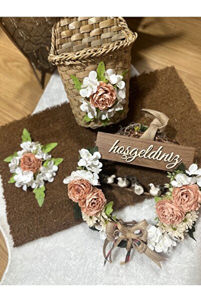 Marrone Kuşlu Kapı Süsü Sepet Ve Paspas 3'lü Set