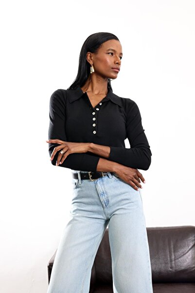 5in1Canpolat Black Half Button Polo Neck Knitwear 5065