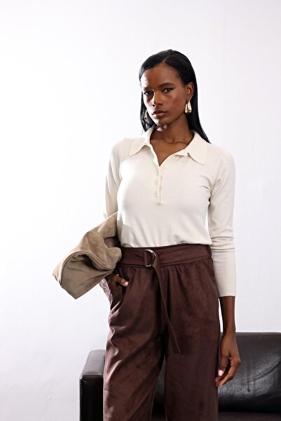 5in1Canpolat Beige Half Button Polo Neck Knitwear 5065