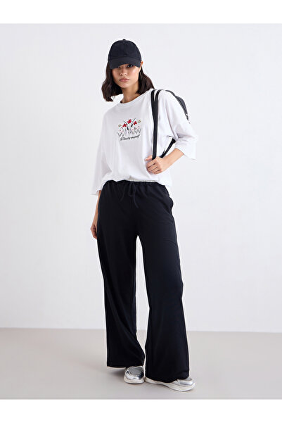 Styli بنطال رياضي أسود أرجل واسعة مع رباط