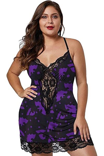 Margoun Plus Size Women's Lace Trim Nightgown, Abstract Print Sleepwear with Adjustable Straps T901