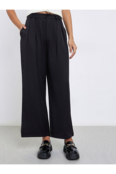 Styli Black Twill Wide Leg Trousers with Double Pleat Detail