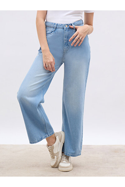 Styli بنطلون جينز نسائي أرجل واسعة باهت اللون بخصر مرتفع