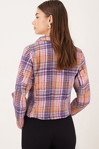 armonika Women's Yellow-Fuchsia Double-Breasted Collar Tweed Crop Jacket Arm-24K001014