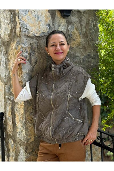 Punta Otantik Nc61582 Sequined Turtleneck Italian Quilted Vest Mink