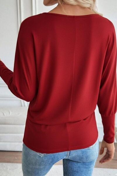 Mossta Crew Neck Pearl Viscose Blouse - Red