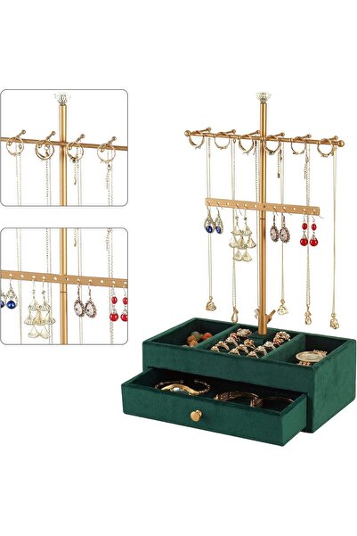 Arabest حامل مجوهرات على شكل حرف T ذهبي مع درج وفتحة للحلقة، شجرة مجوهرات، للقلائد والخواتم، أخضر