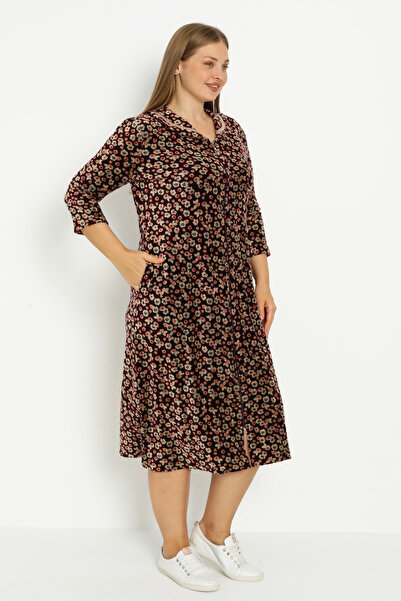İntensive Koyu Kahve Çiçek Desenli Pamuklu Kadife Fermuarlı Cepli Biyeli Truvakar Kollu Büyük Beden Elbise