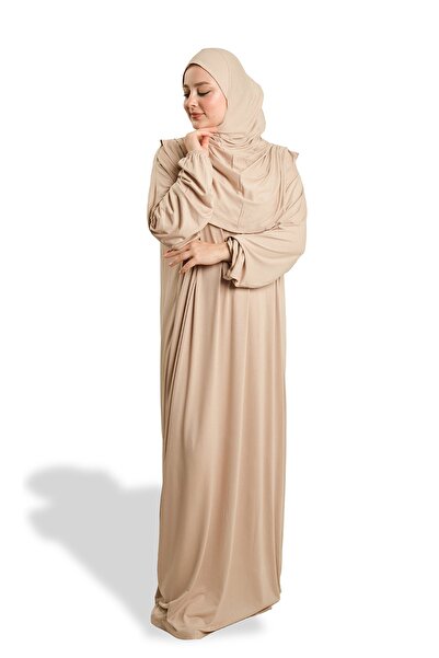 HÜRREM BONE Beige One Piece Prayer Dress Viscose Plain 2503_12