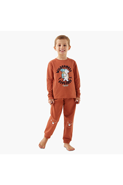 Juniors Bear Applique Print Long Sleeves T-shirt and Pyjama Set