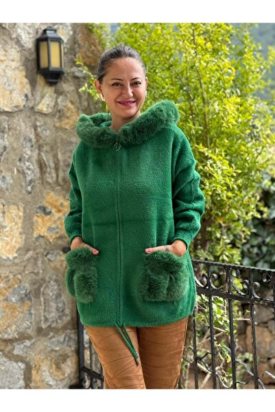 Punta Otantik Pt10665 Hooded Pocket Fur-Lined Italian Angora Coat Emerald