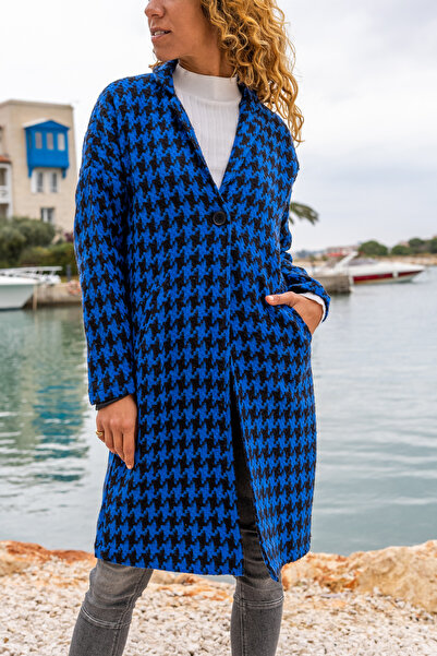 NEW LAVİVA Kadın Astarlı Kazayagı Desen Midi Boy Cepli Kaban NEW700-3299