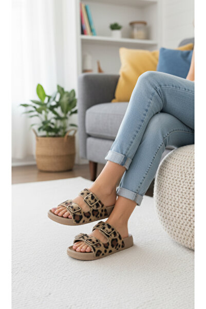 Hızlı Al Leopard Printed Fur Fabric Winter Slippers. Winter Buckled Women's Slippers