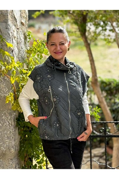 Punta Otantik Nc61582 Sequined Turtleneck Italian Quilted Vest Smoked