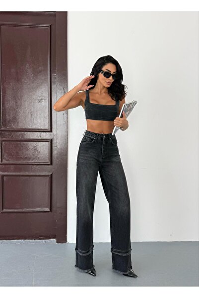 Zeo Basic Women's High Waist Wide Leg (Leg Detail) Black Denim Trousers Wide Leg Jean