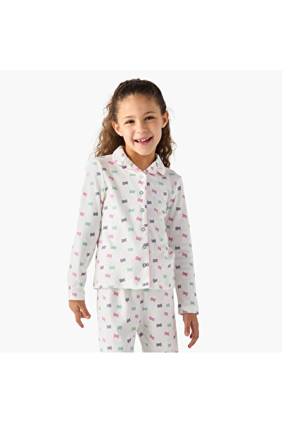 Juniors All-Over Bow Print Long Sleeves Shirt and Pyjama Set