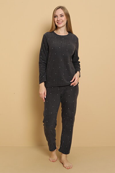 STELLAPİNK Antrasit Raporlu Polar Puantiye Desenli Uzun Kollu Pijama Takımı