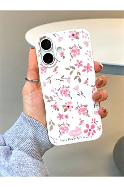 KVK PRİVACY iPhone 16 Uyumlu Beyaz Çiçek Desenli Lansman Liquid Silikon Yumuş...