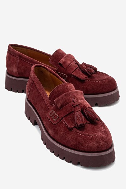 LuviShoes Poen Burgundy Suede Genuine Leather Tasseled Women's Loafer Shoes