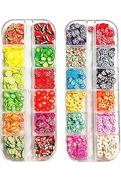 COOYA 3D Nail Art Slice, Mixed Fruits & Flowers Nail Decoration Kits, 24 Grids Resin Nail Tips, Women Mani