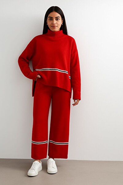 MAY MARA Stand-Up Collar 2-Piece Striped Blouse and Pants Tricot Suit