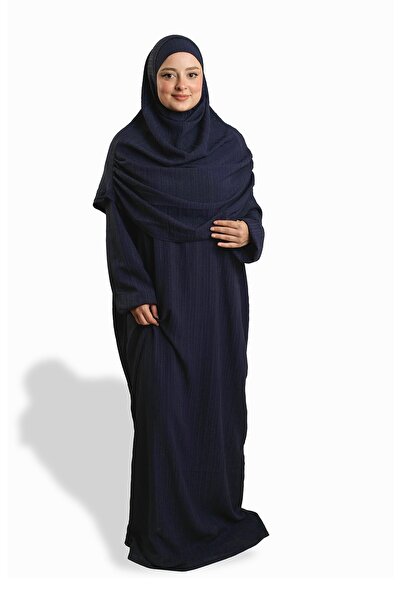 HÜRREM BONE ثوب صلاة من قطعتين باللون الأزرق الداكن منسوج بنقشة ذاتية 2502_02