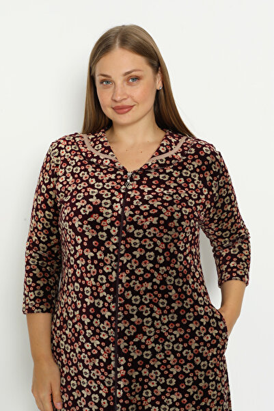 İntensive Koyu Kahve Çiçek Desenli Pamuklu Kadife Fermuarlı Cepli Biyeli Truvakar Kollu Büyük Beden Elbise